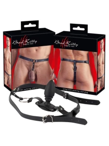 Adjustable thong with penis ring and anal plug from Bad Kitty