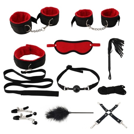 Image of the 11-piece BDSM set by Power Escorts in black/red