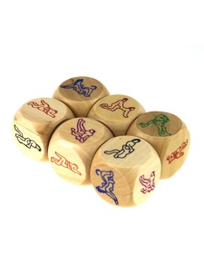 Image of erotic wooden dice by Adrien Lastic showing six positions from the Kamasutra