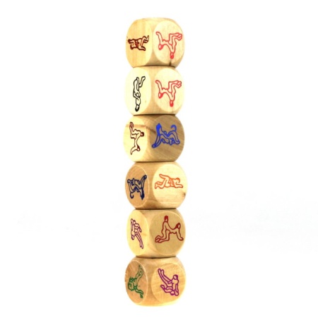 Immagine dei dadi erotici in legno di Adrien Lastic con sei posizioni del Kamasutra
