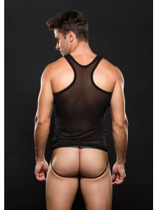 Man wearing the Envy SWAT 2-piece disguise, sexy black outfit in fine transparent mesh and wetlook