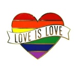 Image of the Love is Love rainbow pin, a colourful and meaningful fashion accessory