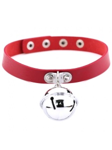 Immagine della collana rossa BDSM con ciondolo a campana in argento di Kiotos