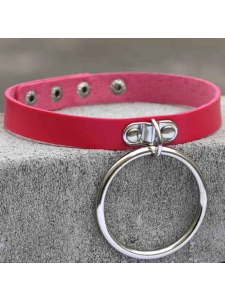 Collier BDSM ras du cou avec grand anneau en faux cuir rose