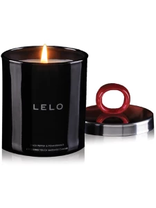 Lelo Black Pepper & Pomegranate Massage Candle in a luxurious glass