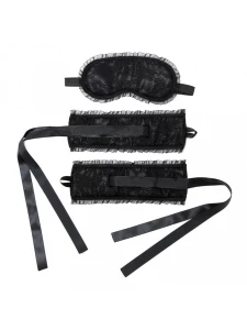 Schwarzes Rimba Handschellen- und Masken-Set - BDSM-Zubehör aus Satin und schwarzer Spitze