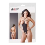 Woman wearing the Black Open Erotic Bodysuit by NO:XQSE