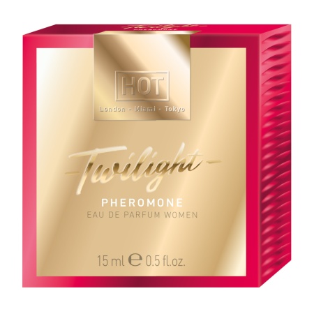 Frau, die das Parfum Pheromone Twilight Femme 15ml der Marke HOT verwendet