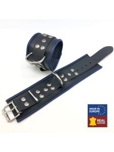 Black and blue leather handcuffs from The Red for BDSM games