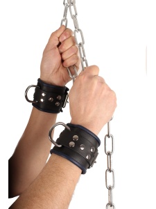 Black and blue leather handcuffs from The Red for BDSM games