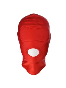 Immagine del cappuccio rosso a bocca aperta, accessorio BDSM in spandex