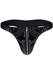 Man wearing a black vinyl thong with zip fastening