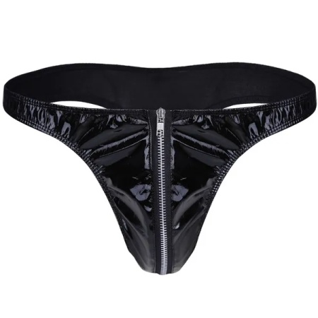 Man wearing a black vinyl thong with zip fastening