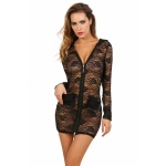 Sexy schwarzes Spitzenkleid mit langen Ärmeln und Kapuze
