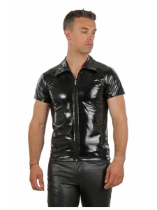 Men's black vinyl shirt with front zip