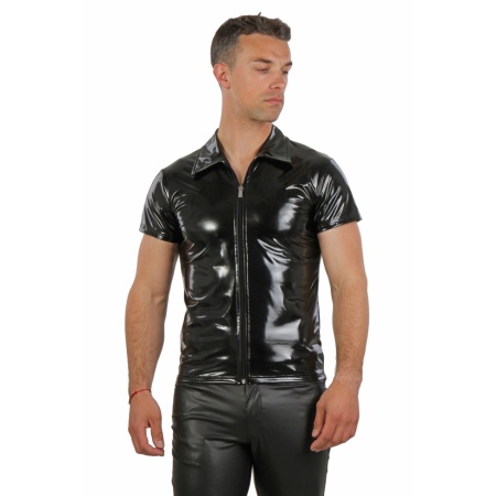 Men's black vinyl shirt with front zip