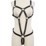 Harnais sexy avec anneaux métalliques en simili cuir noir