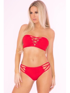 Sexy set di lingerie rossa con bralette e mutandine con strass.