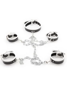 Set of imitation leather handcuffs, ankle cuffs and collar