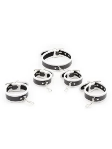 Set of imitation leather handcuffs, ankle cuffs and collar